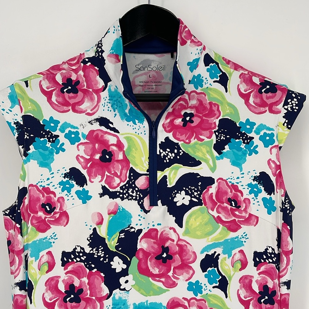SanSoleil Solstyle Sleeveless Zip Mock Floral Golf Dress size L UV Protection